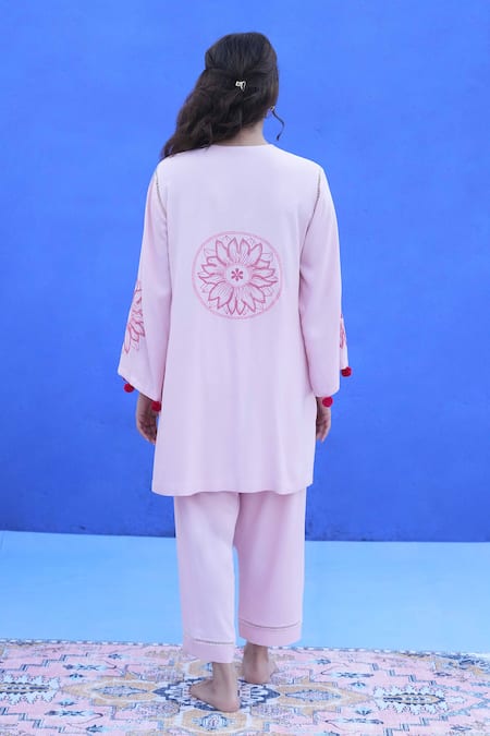 Shop Jyoti Bansal Pink Cotton Pom-poms, Embroidery Keyhole Neck Tonal Floral Kurta And Salwar at Aza Fashions Shop_Jyoti Bansal_Pink Cotton Pom-poms, Embroidery Keyhole Neck Tonal Floral Kurta And Salwar _at_Aza_Fashions