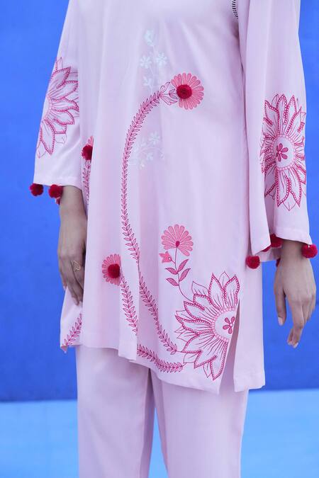 Buy Jyoti Bansal Pink Cotton Pom-poms, Embroidery Keyhole Neck Tonal Floral Kurta And Salwar Online at Aza Fashions Buy_Jyoti Bansal_Pink Cotton Pom-poms, Embroidery Keyhole Neck Tonal Floral Kurta And Salwar _Online_at_Aza_Fashions