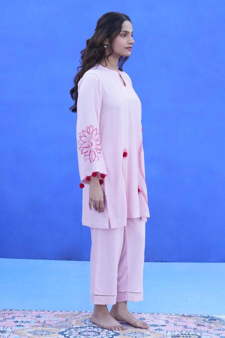 Shop Jyoti Bansal Pink Cotton Pom-poms, Embroidery Keyhole Neck Tonal Floral Kurta And Salwar Online at Aza Fashions Shop_Jyoti Bansal_Pink Cotton Pom-poms, Embroidery Keyhole Neck Tonal Floral Kurta And Salwar _Online_at_Aza_Fashions