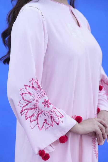 Jyoti Bansal Pink Cotton Pom-poms, Embroidery Keyhole Neck Tonal Floral Kurta And Salwar at Aza Fashions Jyoti Bansal_Pink Cotton Pom-poms, Embroidery Keyhole Neck Tonal Floral Kurta And Salwar _at_Aza_Fashions