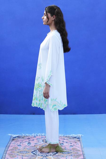 Shop Jyoti Bansal White Linen Pearls Keyhole Neck Floral Garden Embroidered Kurta And Tulip Salwar Online at Aza Fashions Shop_Jyoti Bansal_White Linen Pearls Keyhole Neck Floral Garden Embroidered Kurta And Tulip Salwar _Online_at_Aza_Fashions