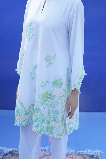 Jyoti Bansal White Linen Pearls Keyhole Neck Floral Garden Embroidered Kurta And Tulip Salwar at Aza Fashions Jyoti Bansal_White Linen Pearls Keyhole Neck Floral Garden Embroidered Kurta And Tulip Salwar _at_Aza_Fashions
