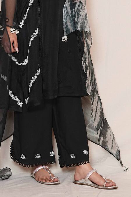Buy_Jyoti Bansal_Black Organza, Cotton Embroidery, Pom-poms Round Floral Cutwork Kurta Salwar Set _Online_at_Aza_Fashions