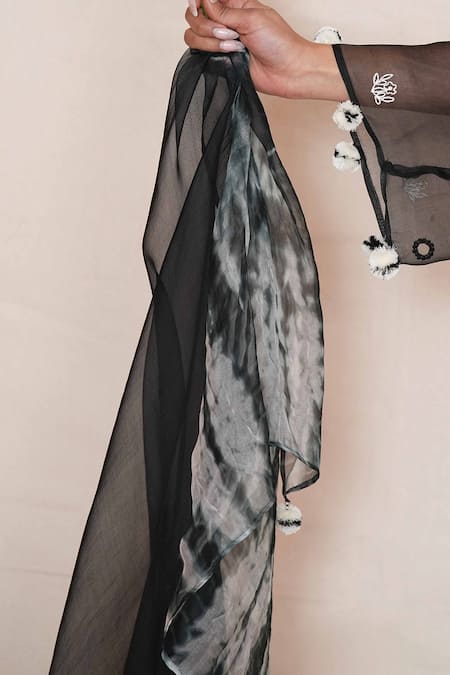 Shop_Jyoti Bansal_Black Organza, Cotton Embroidery, Pom-poms Round Floral Cutwork Kurta Salwar Set _Online_at_Aza_Fashions