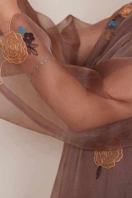 Jyoti Bansal Brown Organza, Cotton Applique, Pom-poms Round Neck Rose Sheer Kurta Pant Set Online at Aza Fashions Jyoti Bansal_Brown Organza, Cotton Applique, Pom-poms Round Neck Rose Sheer Kurta Pant Set _Online_at_Aza_Fashions