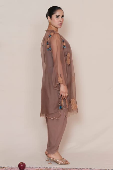 Shop Jyoti Bansal Brown Organza, Cotton Applique, Pom-poms Round Neck Rose Sheer Kurta Pant Set at Aza Fashions Shop_Jyoti Bansal_Brown Organza, Cotton Applique, Pom-poms Round Neck Rose Sheer Kurta Pant Set _at_Aza_Fashions