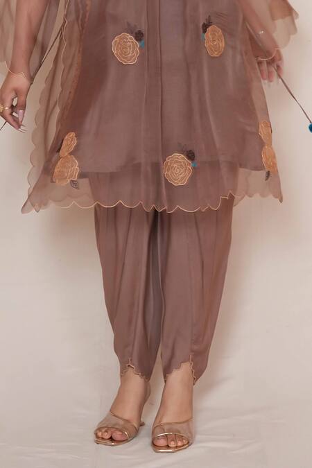 Buy Jyoti Bansal Brown Organza, Cotton Applique, Pom-poms Round Neck Rose Sheer Kurta Pant Set Online at Aza Fashions Buy_Jyoti Bansal_Brown Organza, Cotton Applique, Pom-poms Round Neck Rose Sheer Kurta Pant Set _Online_at_Aza_Fashions