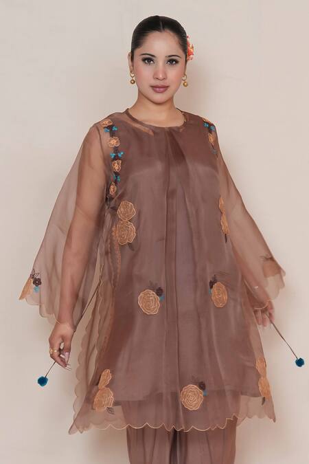 Shop Jyoti Bansal Brown Organza, Cotton Applique, Pom-poms Round Neck Rose Sheer Kurta Pant Set Online at Aza Fashions Shop_Jyoti Bansal_Brown Organza, Cotton Applique, Pom-poms Round Neck Rose Sheer Kurta Pant Set _Online_at_Aza_Fashions