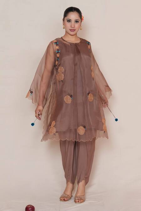 Jyoti Bansal Brown Organza, Cotton Applique, Pom-poms Round Neck Rose Sheer Kurta Pant Set at Aza Fashions Jyoti Bansal_Brown Organza, Cotton Applique, Pom-poms Round Neck Rose Sheer Kurta Pant Set _at_Aza_Fashions