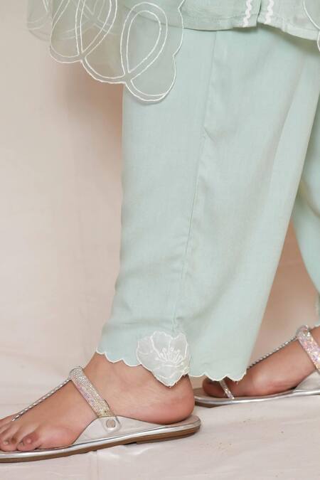 Jyoti Bansal_Green Organza, Cotton, Linen Embroidery, Applique Floral Kurta Salwar Set _Online_at_Aza_Fashions