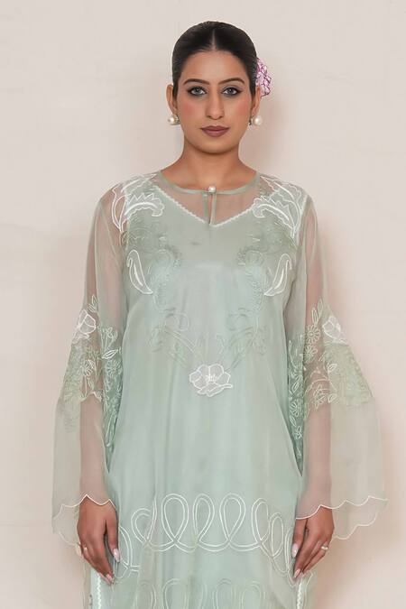 Buy_Jyoti Bansal_Green Organza, Cotton, Linen Embroidery, Applique Floral Kurta Salwar Set _Online_at_Aza_Fashions