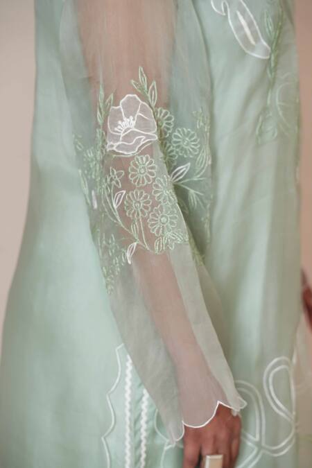 Shop_Jyoti Bansal_Green Organza, Cotton, Linen Embroidery, Applique Floral Kurta Salwar Set _Online_at_Aza_Fashions