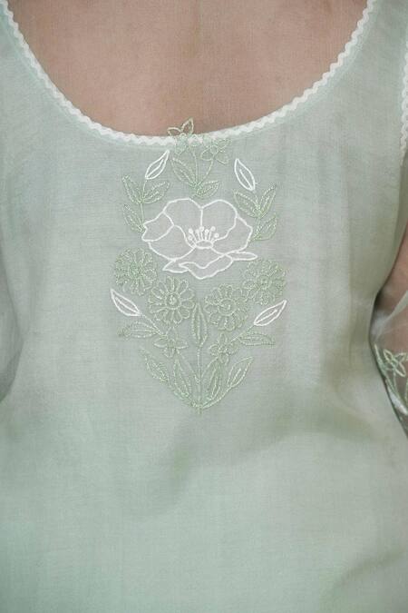 Jyoti Bansal_Green Organza, Cotton, Linen Embroidery, Applique Floral Kurta Salwar Set _at_Aza_Fashions
