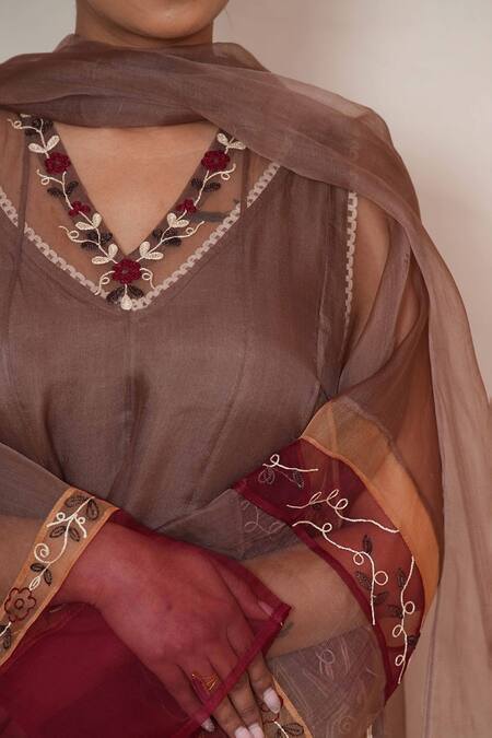 Buy_Jyoti Bansal_Brown Organza, Cotton, Linen Diamonds, Floral Vine Embroidered Kurta Set _Online_at_Aza_Fashions