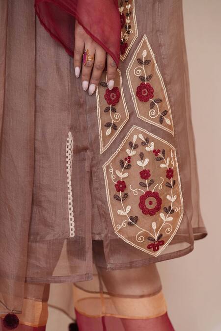 Shop_Jyoti Bansal_Brown Organza, Cotton, Linen Diamonds, Floral Vine Embroidered Kurta Set _Online_at_Aza_Fashions