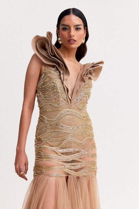 Buy_Tisharth By Shivani_Gold Polyester, Lycra Beads Plunge Neck Embroidered Maxi Dress _Online_at_Aza_Fashions