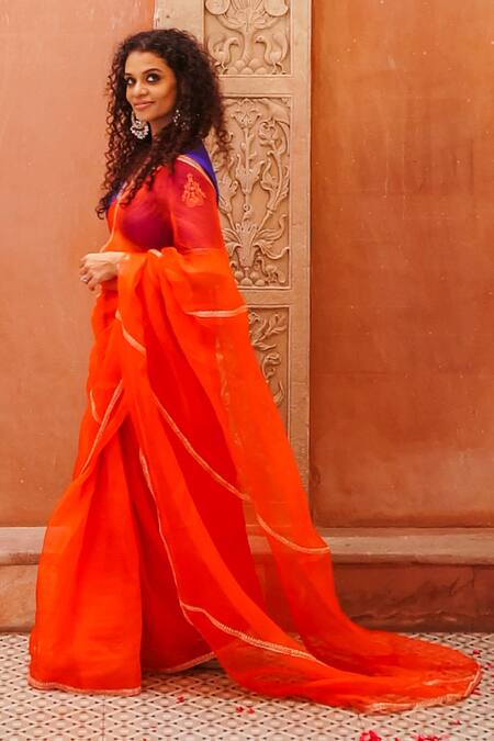 Buy_Brahmand By Vertika Kalra_Orange Organza, Silk Embroidery V-neck Designer Pita Kasab Work Saree And Blouse _Online_at_Aza_Fashions