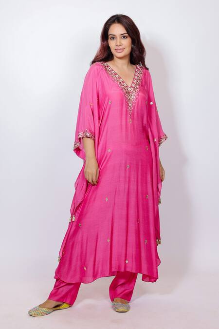 Buy_Brahmand By Vertika Kalra_Pink Muslin Beads V-neck Embroidered Kaftan And Pant Set _Online_at_Aza_Fashions