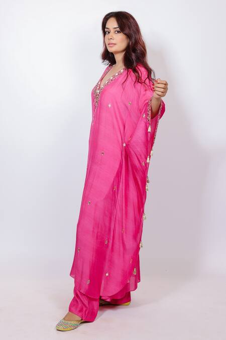 Buy_Brahmand By Vertika Kalra_Pink Muslin Beads V-neck Embroidered Kaftan And Pant Set 