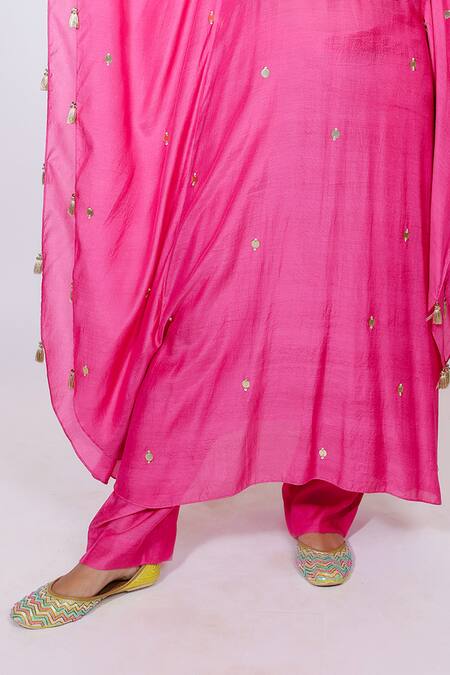 Shop_Brahmand By Vertika Kalra_Pink Muslin Beads V-neck Embroidered Kaftan And Pant Set 