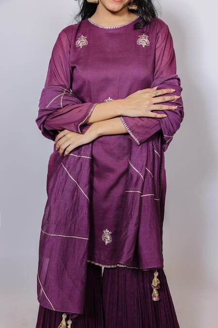 Buy_Brahmand By Vertika Kalra_Purple Cotton Tassels Round Neck Embroidered Kurta Sharara Set _Online_at_Aza_Fashions