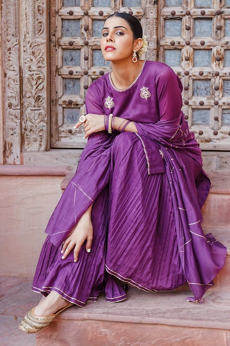 Brahmand By Vertika Kalra_Purple Cotton Tassels Round Neck Embroidered Kurta Sharara Set _at_Aza_Fashions