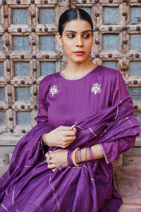 Buy_Brahmand By Vertika Kalra_Purple Cotton Tassels Round Neck Embroidered Kurta Sharara Set 