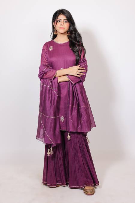 Shop_Brahmand By Vertika Kalra_Purple Cotton Tassels Round Neck Embroidered Kurta Sharara Set 