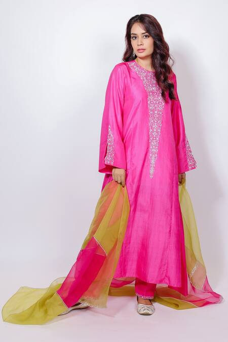 Brahmand By Vertika Kalra Pink Silk, Organza Embroidery Round Neck Pita Kasab Kurta Set at Aza Fashions Brahmand By Vertika Kalra_Pink Silk, Organza Embroidery Round Neck Pita Kasab Kurta Set _at_Aza_Fashions