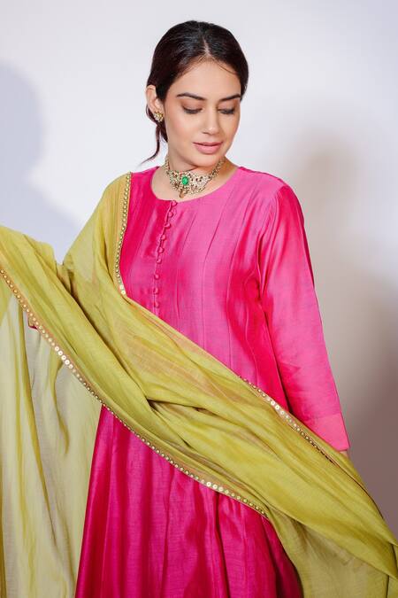 Buy_Brahmand By Vertika Kalra_Pink Chanderi Sequins Round Neck Anarkali Pant Set _Online_at_Aza_Fashions