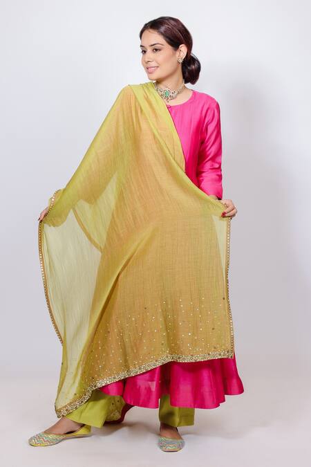 Shop_Brahmand By Vertika Kalra_Pink Chanderi Sequins Round Neck Anarkali Pant Set 