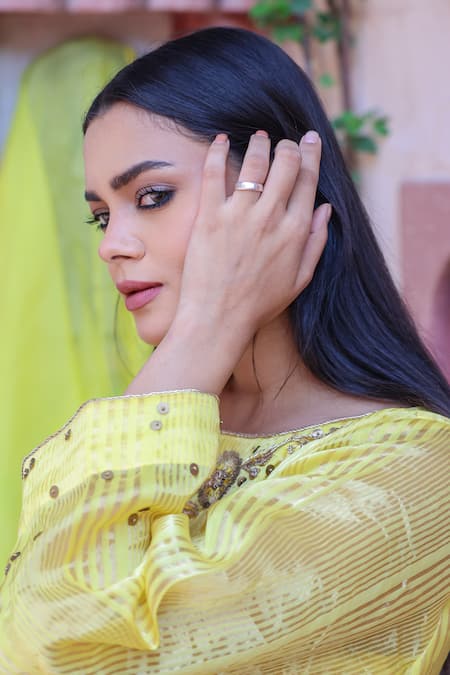 Shop Brahmand By Vertika Kalra Yellow Chanderi Sequins, Embroidery Round Neck Floral Kurta Set Online at Aza Fashions Shop_Brahmand By Vertika Kalra_Yellow Chanderi Sequins, Embroidery Round Neck Floral Kurta Set _Online_at_Aza_Fashions