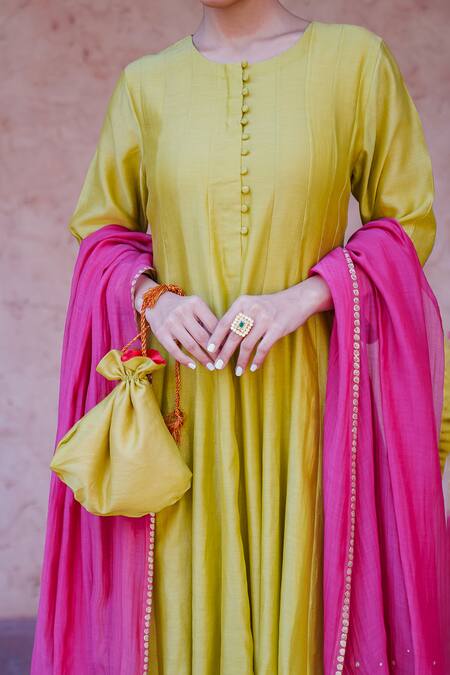 Buy_Brahmand By Vertika Kalra_Green Chanderi Embroidery, Sequins Round Neck Kacha Aam Panelled Anarkali Set _Online_at_Aza_Fashions