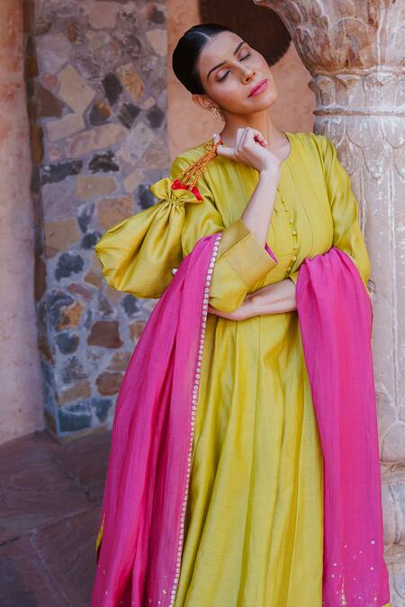 Brahmand By Vertika Kalra_Green Chanderi Embroidery, Sequins Round Neck Kacha Aam Panelled Anarkali Set _at_Aza_Fashions