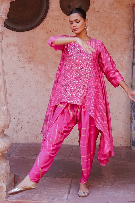 Buy_Brahmand By Vertika Kalra_Pink Chanderi Beads Round Neck Asymmetric Kurta And Dhoti Pant Set _Online_at_Aza_Fashions
