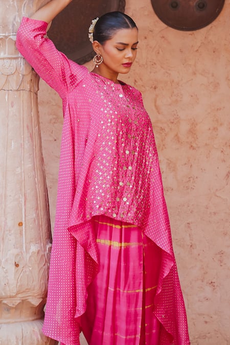 Shop_Brahmand By Vertika Kalra_Pink Chanderi Beads Round Neck Asymmetric Kurta And Dhoti Pant Set _Online_at_Aza_Fashions