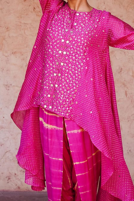 Brahmand By Vertika Kalra_Pink Chanderi Beads Round Neck Asymmetric Kurta And Dhoti Pant Set _at_Aza_Fashions