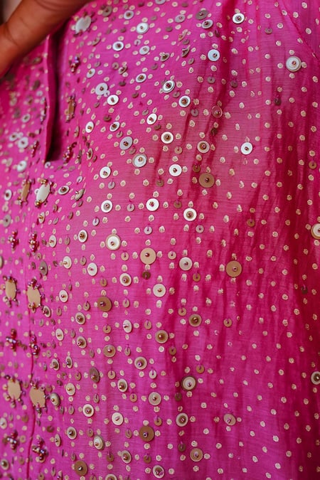 Buy_Brahmand By Vertika Kalra_Pink Chanderi Beads Round Neck Asymmetric Kurta And Dhoti Pant Set 