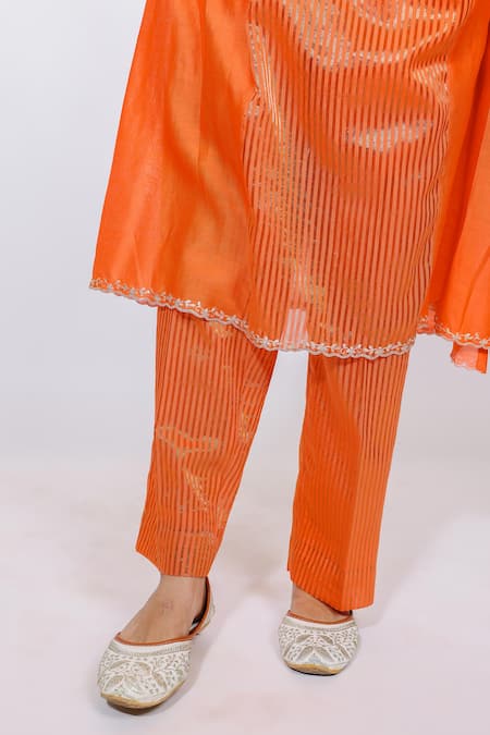 Buy Brahmand By Vertika Kalra Orange Chanderi Embroidery Round Neck Floral Kalidaar Kurta And Pant Set Online at Aza Fashions Buy_Brahmand By Vertika Kalra_Orange Chanderi Embroidery Round Neck Floral Kalidaar Kurta And Pant Set _Online_at_Aza_Fashions
