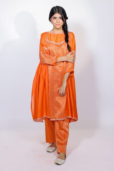 Shop Brahmand By Vertika Kalra Orange Chanderi Embroidery Round Neck Floral Kalidaar Kurta And Pant Set Online at Aza Fashions Shop_Brahmand By Vertika Kalra_Orange Chanderi Embroidery Round Neck Floral Kalidaar Kurta And Pant Set _Online_at_Aza_Fashions