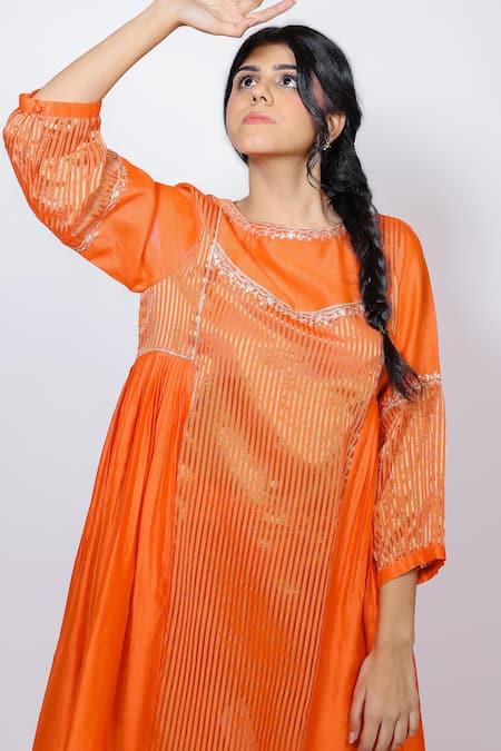 Buy Brahmand By Vertika Kalra Orange Chanderi Embroidery Round Neck Floral Kalidaar Kurta And Pant Set Buy_Brahmand By Vertika Kalra_Orange Chanderi Embroidery Round Neck Floral Kalidaar Kurta And Pant Set