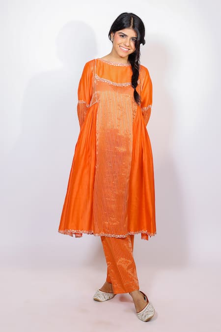 Shop Brahmand By Vertika Kalra Orange Chanderi Embroidery Round Neck Floral Kalidaar Kurta And Pant Set Shop_Brahmand By Vertika Kalra_Orange Chanderi Embroidery Round Neck Floral Kalidaar Kurta And Pant Set
