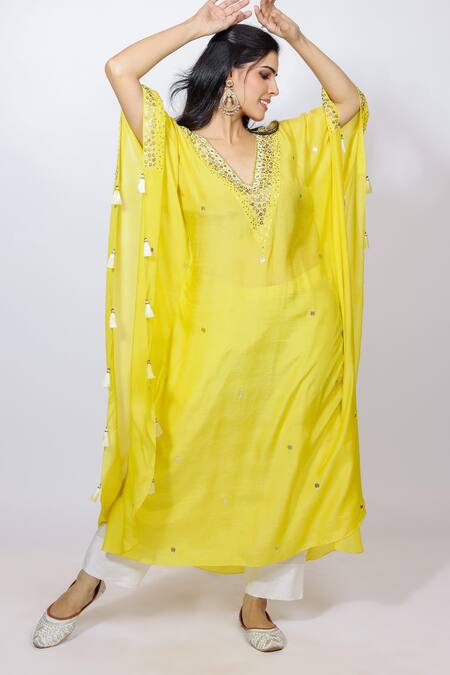 Buy_Brahmand By Vertika Kalra_Yellow Muslin Sequins, Beads V-neck Embroidered Kaftan And Pant Set _Online_at_Aza_Fashions