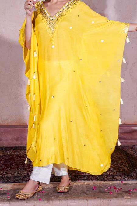 Shop_Brahmand By Vertika Kalra_Yellow Muslin Sequins, Beads V-neck Embroidered Kaftan And Pant Set _Online_at_Aza_Fashions