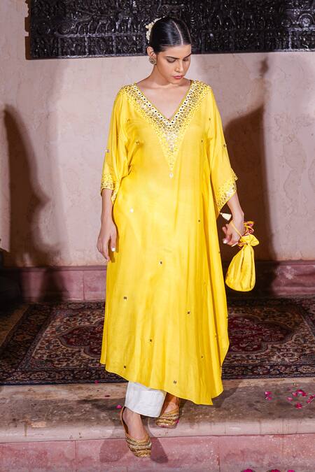 Brahmand By Vertika Kalra_Yellow Muslin Sequins, Beads V-neck Embroidered Kaftan And Pant Set _at_Aza_Fashions
