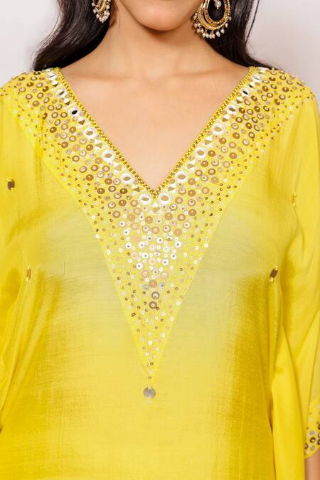 Buy_Brahmand By Vertika Kalra_Yellow Muslin Sequins, Beads V-neck Embroidered Kaftan And Pant Set 