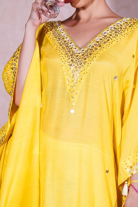Shop_Brahmand By Vertika Kalra_Yellow Muslin Sequins, Beads V-neck Embroidered Kaftan And Pant Set 