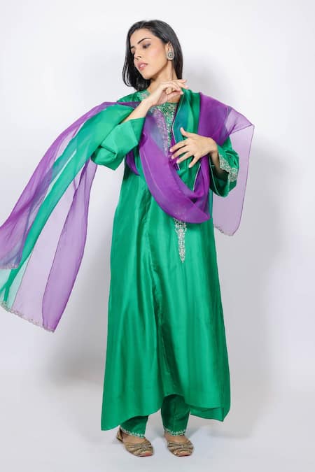 Buy Brahmand By Vertika Kalra Green Silk Embroidery Round Neck Designer Kurta Set Online at Aza Fashions Buy_Brahmand By Vertika Kalra_Green Silk Embroidery Round Neck Designer Kurta Set _Online_at_Aza_Fashions