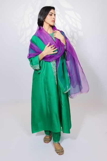 Shop Brahmand By Vertika Kalra Green Silk Embroidery Round Neck Designer Kurta Set Online at Aza Fashions Shop_Brahmand By Vertika Kalra_Green Silk Embroidery Round Neck Designer Kurta Set _Online_at_Aza_Fashions