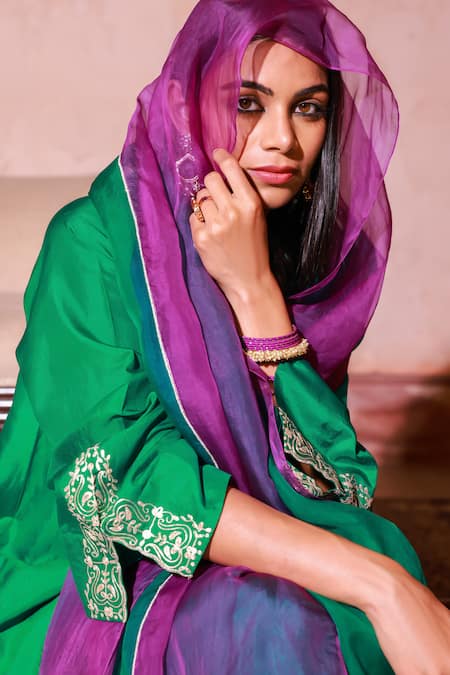 Buy Brahmand By Vertika Kalra Green Silk Embroidery Round Neck Designer Kurta Set Buy_Brahmand By Vertika Kalra_Green Silk Embroidery Round Neck Designer Kurta Set